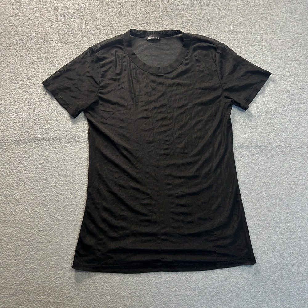 Allchic Sheer Mesh Short Sleeve Top Womens L Black Scoop Neck Layering Shirt